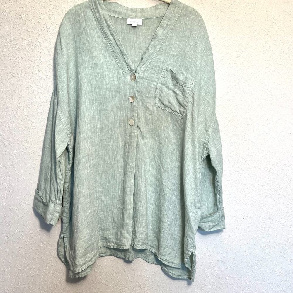 Pure Jill Green 100% Linen 3/4 Sleeve Pullover Button Tunic 2X Coastal Relaxed